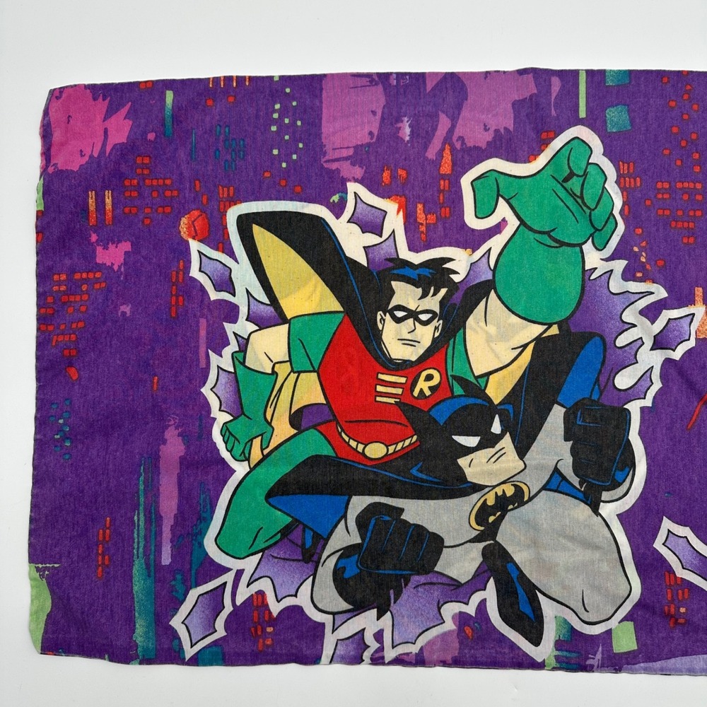 Vintage 1995 Batman and Robin Pillowcase DC Comics Joker Two-Face Riddler Purple - Picture 2 of 8